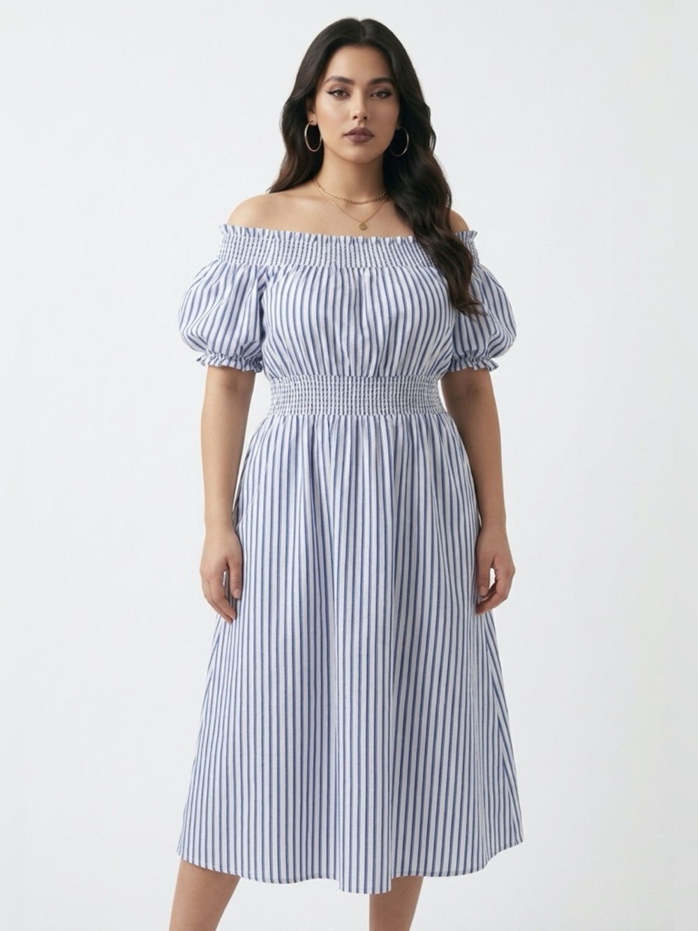 Sugarlips Blue and White Striped One-Shoulder Midi Dress